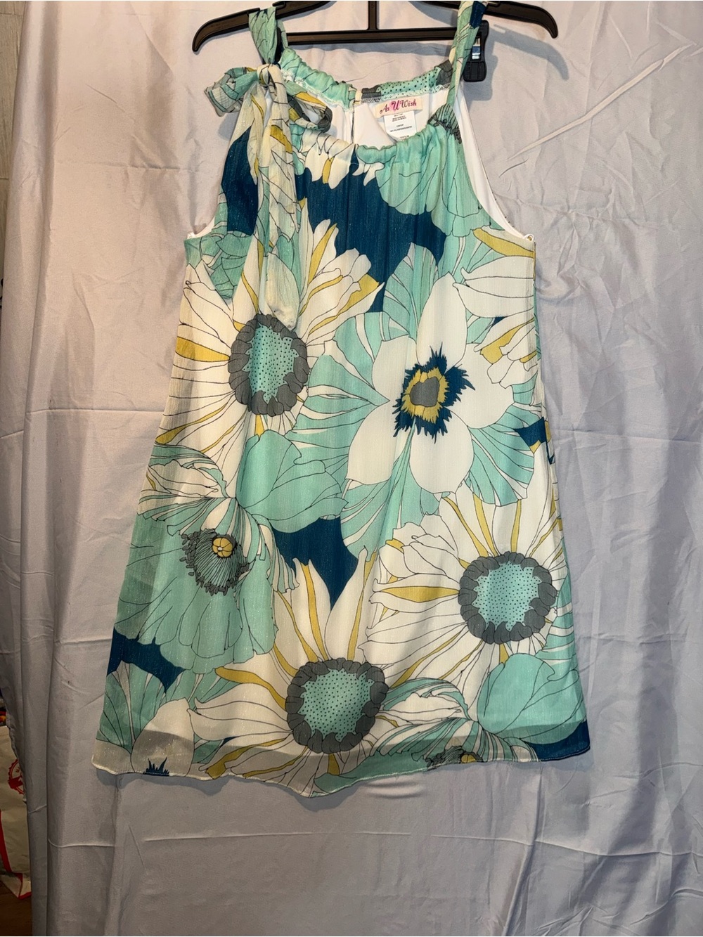 As U Wish White, Teal & Navy Floral Tie-Shoulder Mini Dress